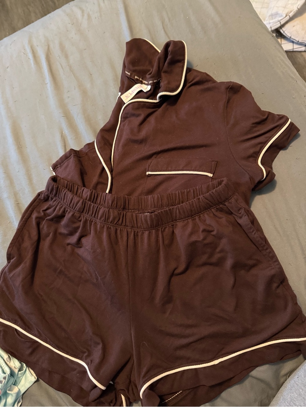 Cozy Short Sleeve Pajama Set in Dark Brown with Cream Trim